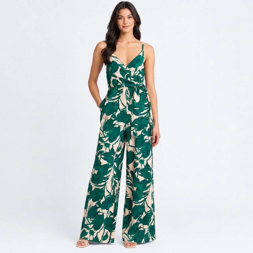 Chelsea28 Women's Tropical Leaf Print Wide Leg Jumpsuit Resortwear Beach Size L